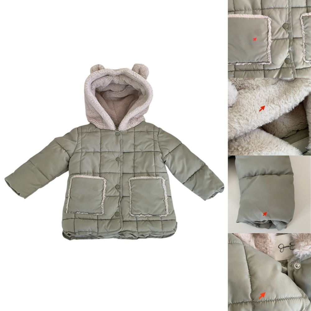 Jessica Simpson Kids Green Puffer Jacket with Faux Fur Hoodie Ears Girls 3T